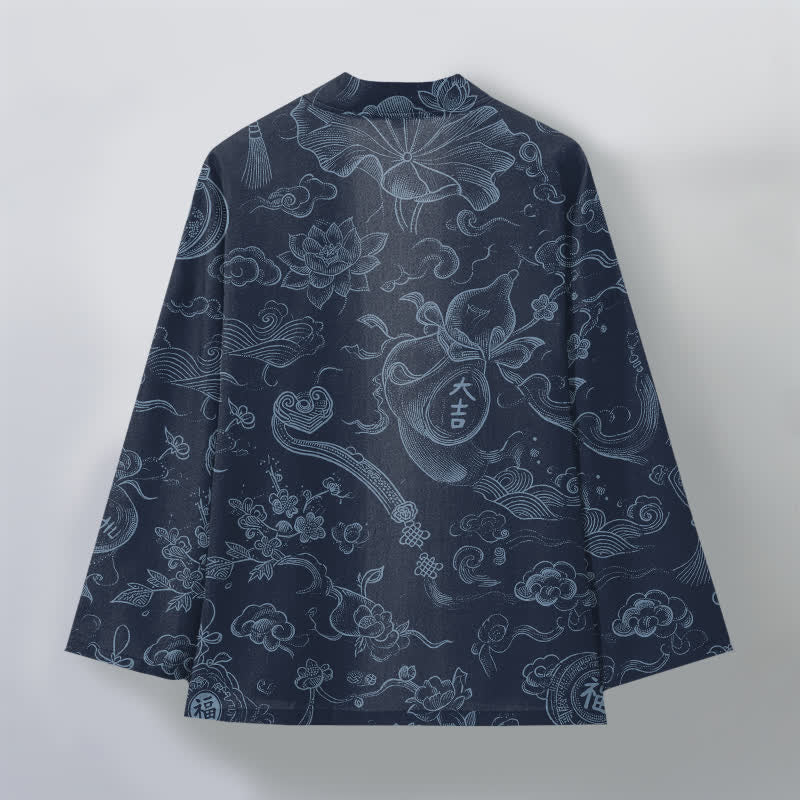 Buddha Stones Kimono aus Baumwolle mit Lotus- und Wolkenmuster und offener Vorderseite für Herren - image 11