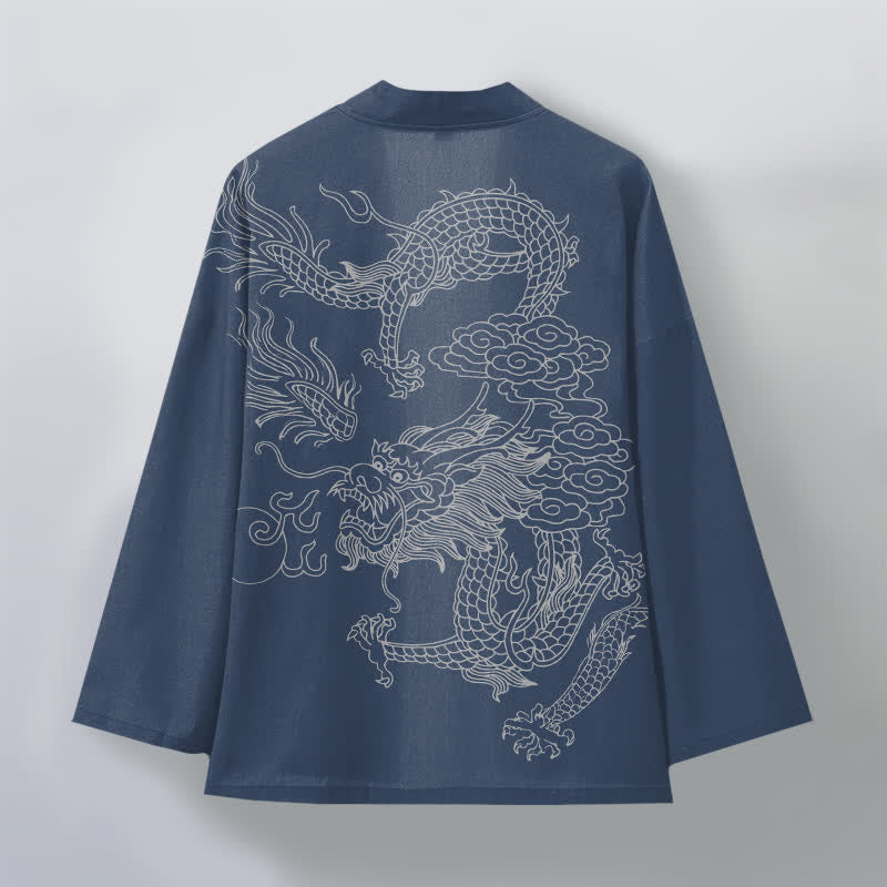 Buddha Stones Weißer Baumwollkimono mit Drachen- und Wolkenmuster, offener Vorderteil - image 2