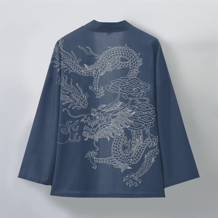 Buddha Stones Weißer Baumwollkimono mit Drachen- und Wolkenmuster, offener Vorderteil - image 2