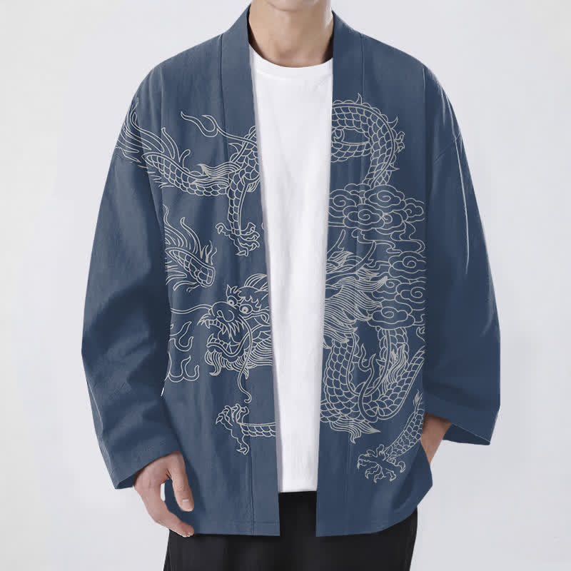 Buddha Stones Weißer Baumwollkimono mit Drachen- und Wolkenmuster, offener Vorderteil - SteelBlue - US/UK/AU48, EU58 (4XL) - image 0