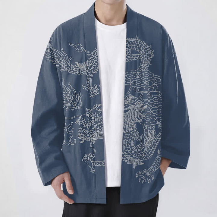 Buddha Stones Weißer Baumwollkimono mit Drachen- und Wolkenmuster, offener Vorderteil - SteelBlue - US/UK/AU48, EU58 (4XL) - image 0