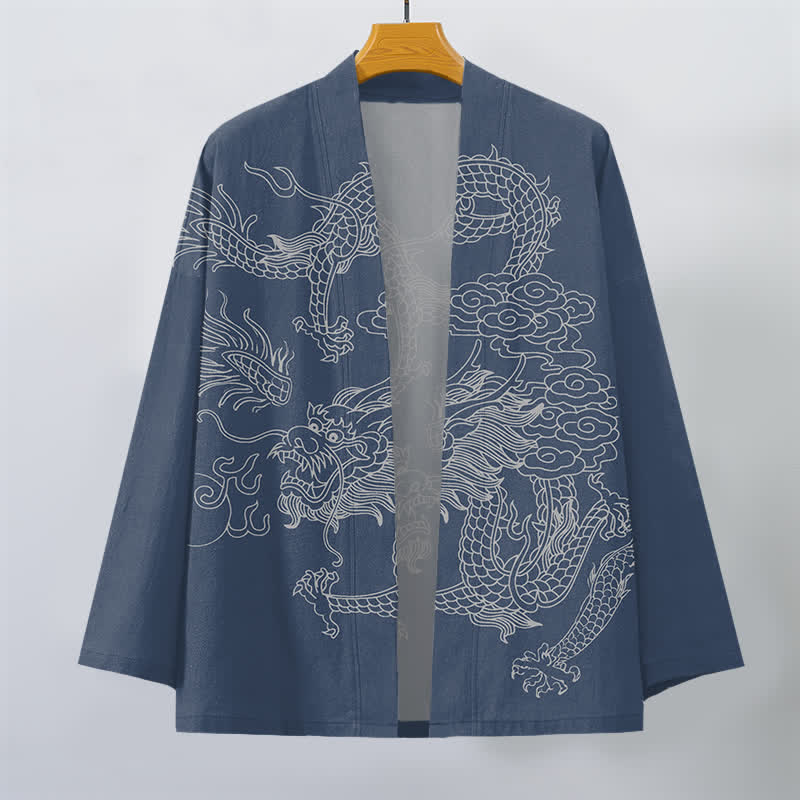 Buddha Stones Weißer Baumwollkimono mit Drachen- und Wolkenmuster, offener Vorderteil - image 1