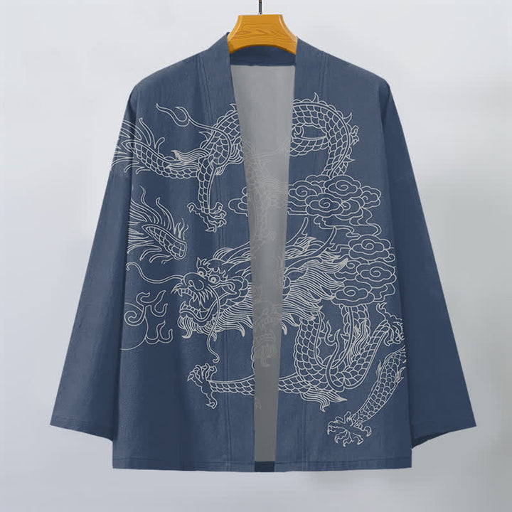 Buddha Stones Weißer Baumwollkimono mit Drachen- und Wolkenmuster, offener Vorderteil - image 1