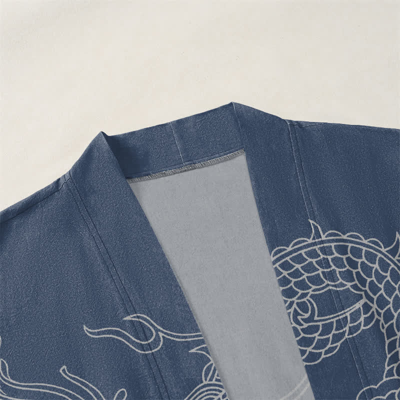 Buddha Stones Weißer Baumwollkimono mit Drachen- und Wolkenmuster, offener Vorderteil - image 3