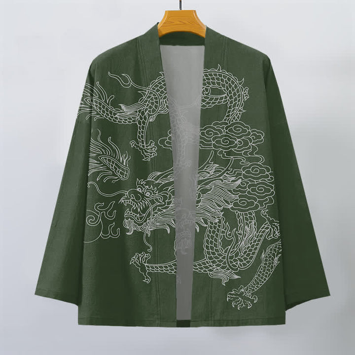 Buddha Stones Weißer Baumwollkimono mit Drachen- und Wolkenmuster, offener Vorderteil - image 7