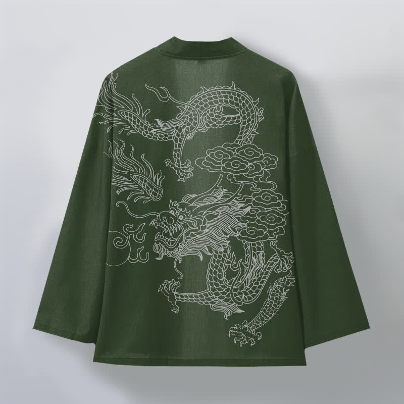 Buddha Stones Weißer Baumwollkimono mit Drachen- und Wolkenmuster, offener Vorderteil - image 8