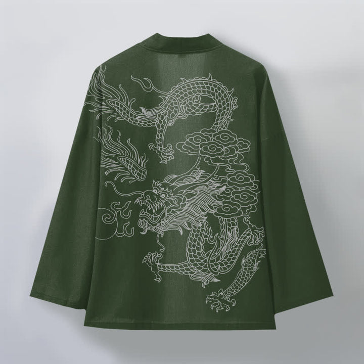 Buddha Stones Weißer Baumwollkimono mit Drachen- und Wolkenmuster, offener Vorderteil - image 8