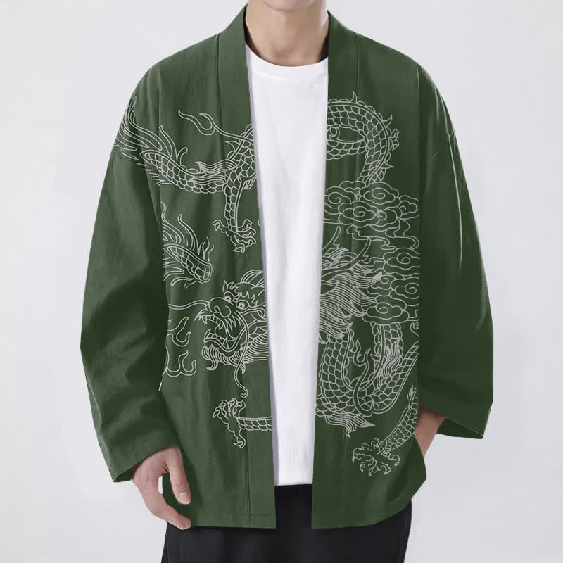 Buddha Stones Weißer Baumwollkimono mit Drachen- und Wolkenmuster, offener Vorderteil - Dunkelgrün - US/UK/AU48, EU58 (4XL) - image 6