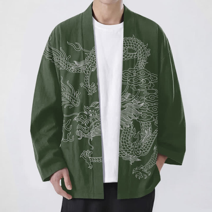 Buddha Stones Weißer Baumwollkimono mit Drachen- und Wolkenmuster, offener Vorderteil - Dunkelgrün - US/UK/AU48, EU58 (4XL) - image 6
