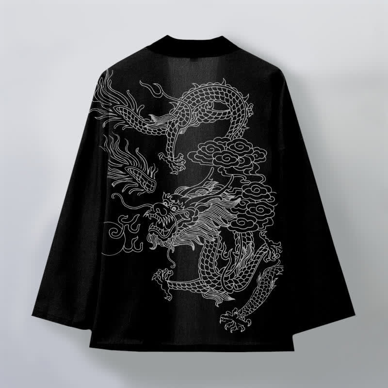 Buddha Stones Weißer Baumwollkimono mit Drachen- und Wolkenmuster, offener Vorderteil - image 11