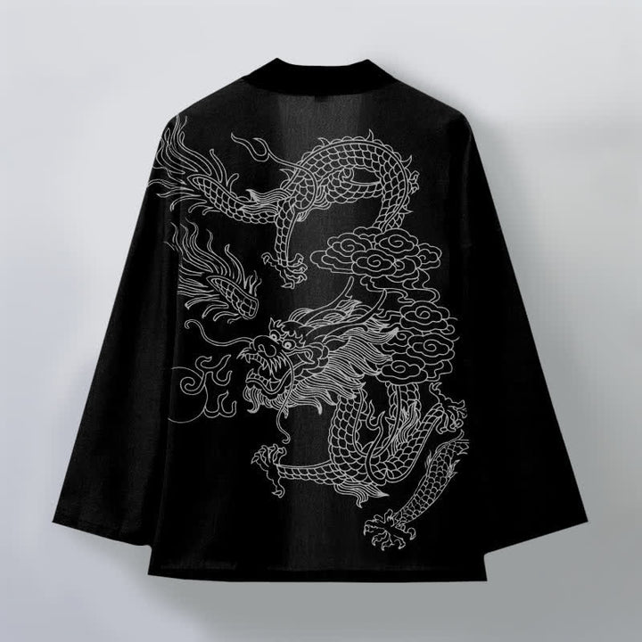 Buddha Stones Weißer Baumwollkimono mit Drachen- und Wolkenmuster, offener Vorderteil - image 11