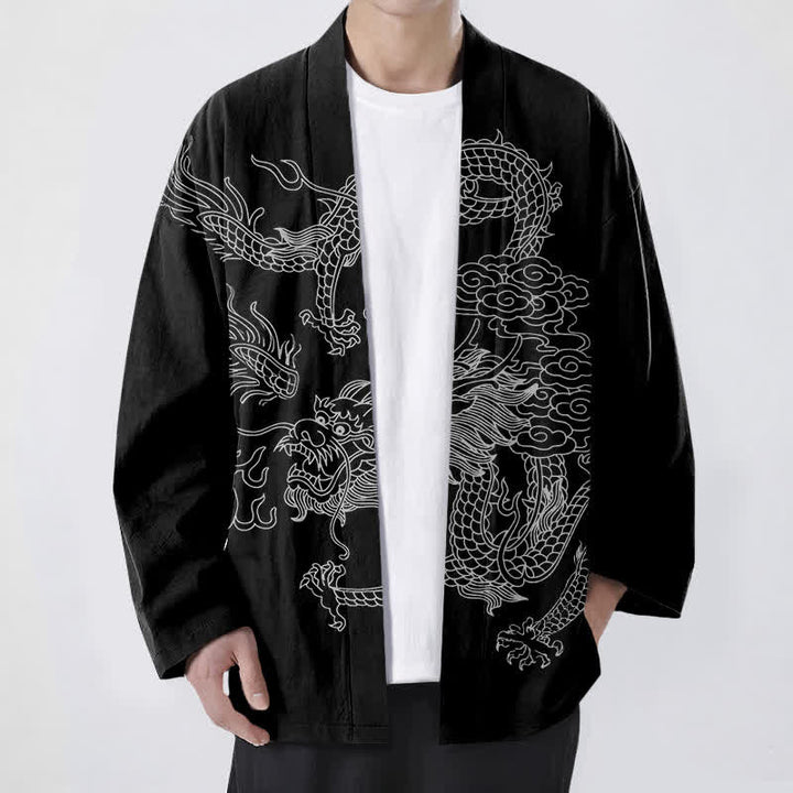Buddha Stones Weißer Baumwollkimono mit Drachen- und Wolkenmuster, offener Vorderteil - Schwarz - US/UK/AU48, EU58 (4XL) - image 9