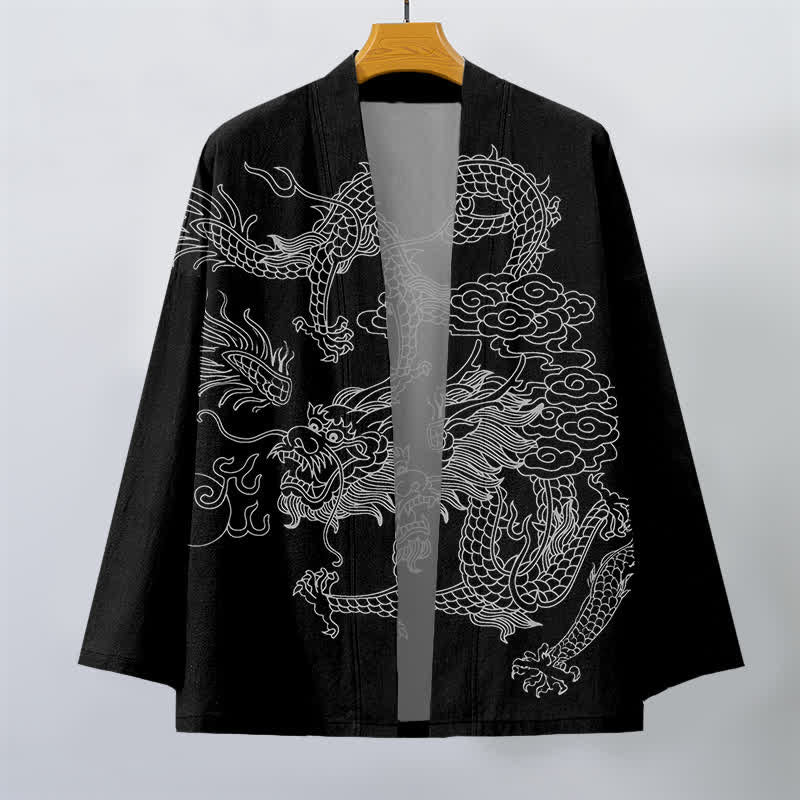 Buddha Stones Weißer Baumwollkimono mit Drachen- und Wolkenmuster, offener Vorderteil - image 10