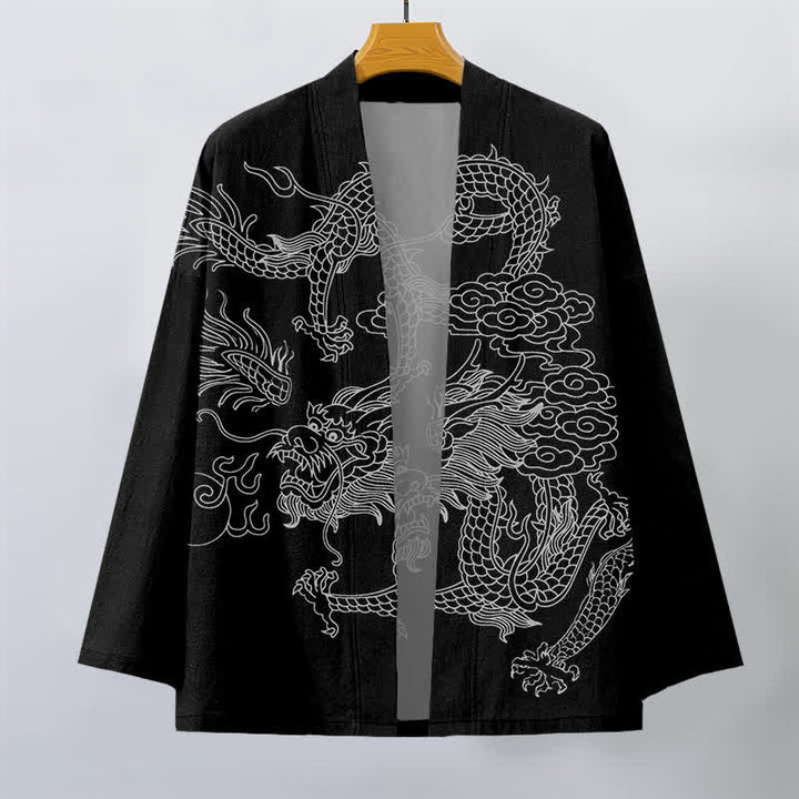 Buddha Stones Weißer Baumwollkimono mit Drachen- und Wolkenmuster, offener Vorderteil - image 10