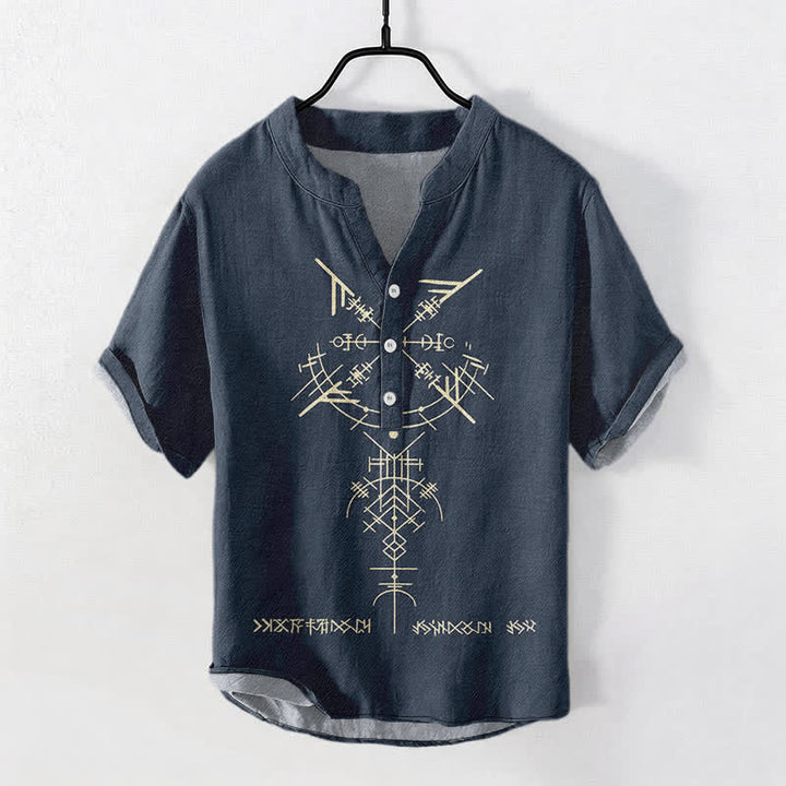Buddha Stones Kurzarmhemd aus Baumwolle mit geometrischem Runenmuster im Ethno-Stil, halber Knopfleiste - Marine - US/UK/AU50, EU60 (5XL) - image 0