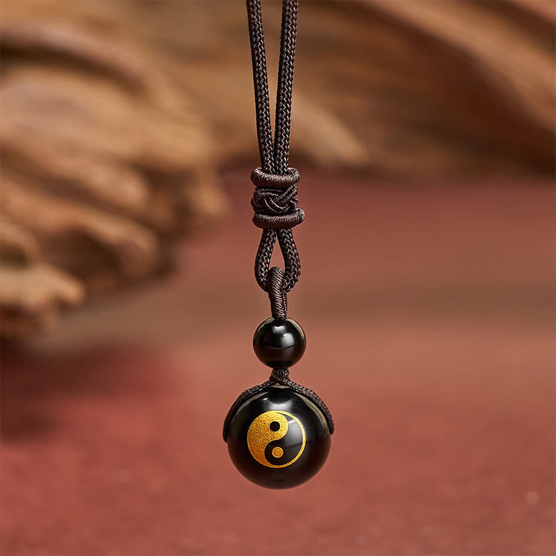 Buddha Stones Halskettenanhänger aus schwarzem Obsidian mit Yin-Yang-Symbol zur Reinigung - Yin-Yang-Goldprägungsmuster - 26,8 Zoll / 68 cm - image 6