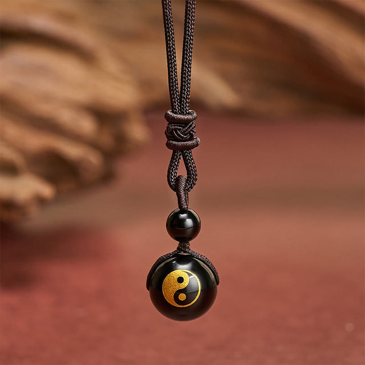 Buddha Stones Halskettenanhänger aus schwarzem Obsidian mit Yin-Yang-Symbol zur Reinigung - Yin-Yang-Goldprägungsmuster - 26,8 Zoll / 68 cm - image 6