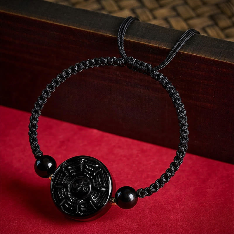 Buddha Stones Armband aus rotem Faden und schwarzem Obsidian mit rundem Bagua-Motiv - image 9