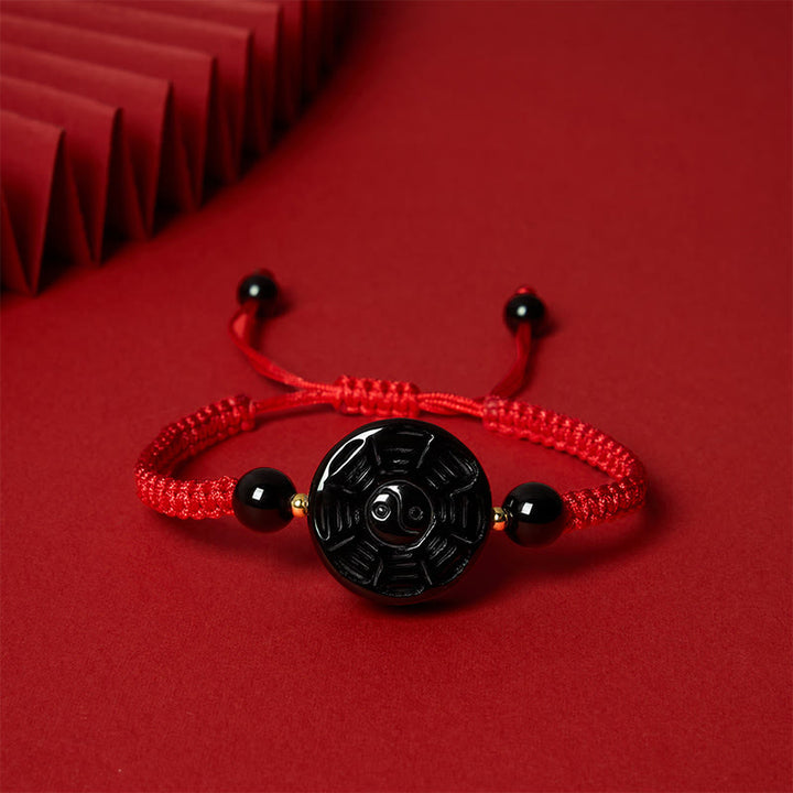 Buddha Stones Armband aus rotem Faden und schwarzem Obsidian mit rundem Bagua-Motiv - image 3