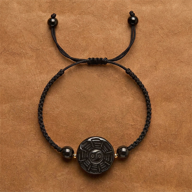 Buddha Stones Armband aus rotem Faden und schwarzem Obsidian mit rundem Bagua-Motiv - Schwarzes Armband (Handgelenkumfang: 15–17 cm) - Ca. 22 × 9 mm - image 8