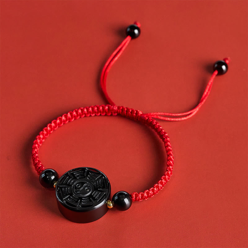 Buddha Stones Armband aus rotem Faden und schwarzem Obsidian mit rundem Bagua-Motiv - image 2