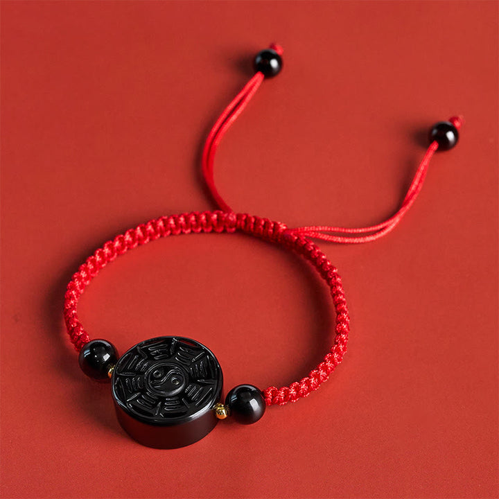 Buddha Stones Armband aus rotem Faden und schwarzem Obsidian mit rundem Bagua-Motiv - image 2