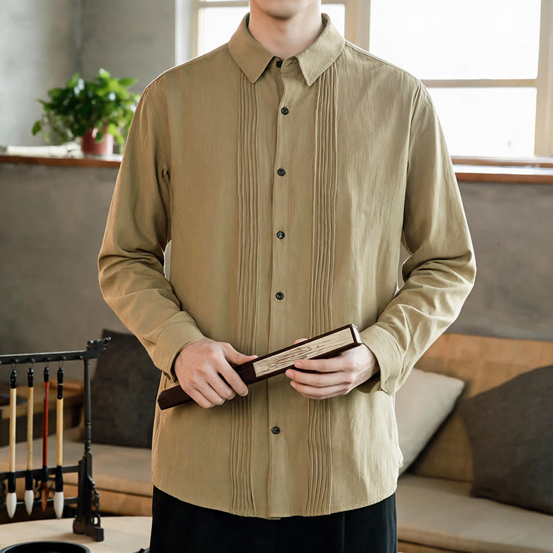 Buddha Stones Minimalistisches, einfarbiges Herren-Langarmhemd mit Abnähern und Knopfleiste für den Frühling - Bräunen - US/UK/AU46, EU56 (5XL) - image 14