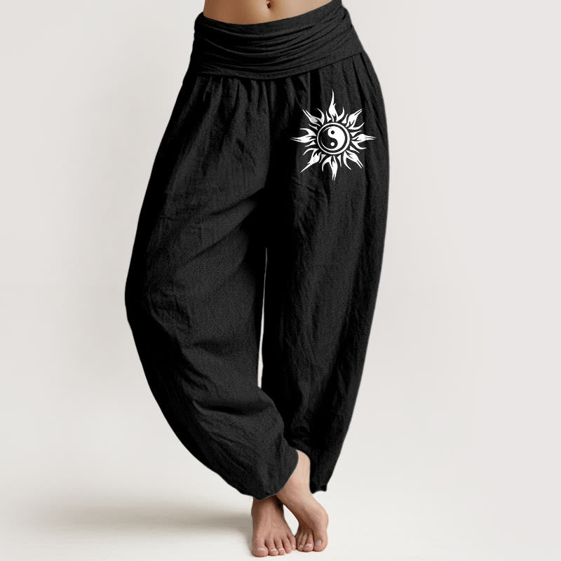 Buddha Stones Damen-Haremshose aus reiner Baumwolle mit Yin-Yang-Sonnenmuster und elastischem Bund - Schwarz - US16, UK/AU20, EU48 (3XL) - image 0