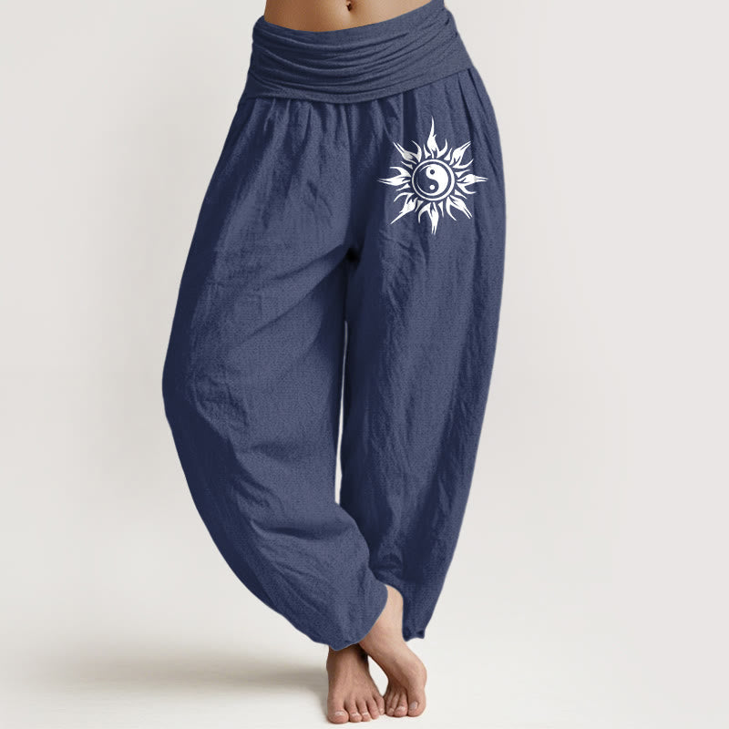Buddha Stones Damen-Haremshose aus reiner Baumwolle mit Yin-Yang-Sonnenmuster und elastischem Bund - Dunkelschieferblau - US16, UK/AU20, EU48 (3XL) - image 5