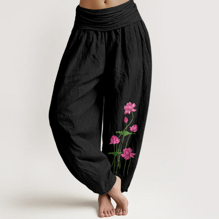 Buddha Stones Damen-Haremshose aus reiner Baumwolle mit rosa Lotusblumenmuster und elastischem Bund - Schwarz - US16, UK/AU20, EU48 (3XL) - image 0