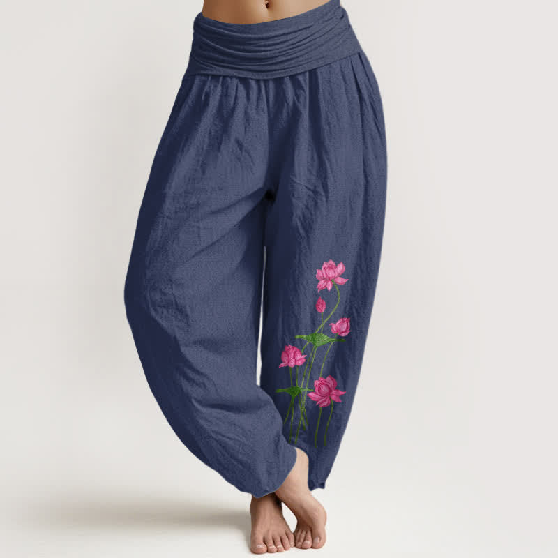Buddha Stones Damen-Haremshose aus reiner Baumwolle mit rosa Lotusblumenmuster und elastischem Bund - Dunkelschieferblau - US16, UK/AU20, EU48 (3XL) - image 5