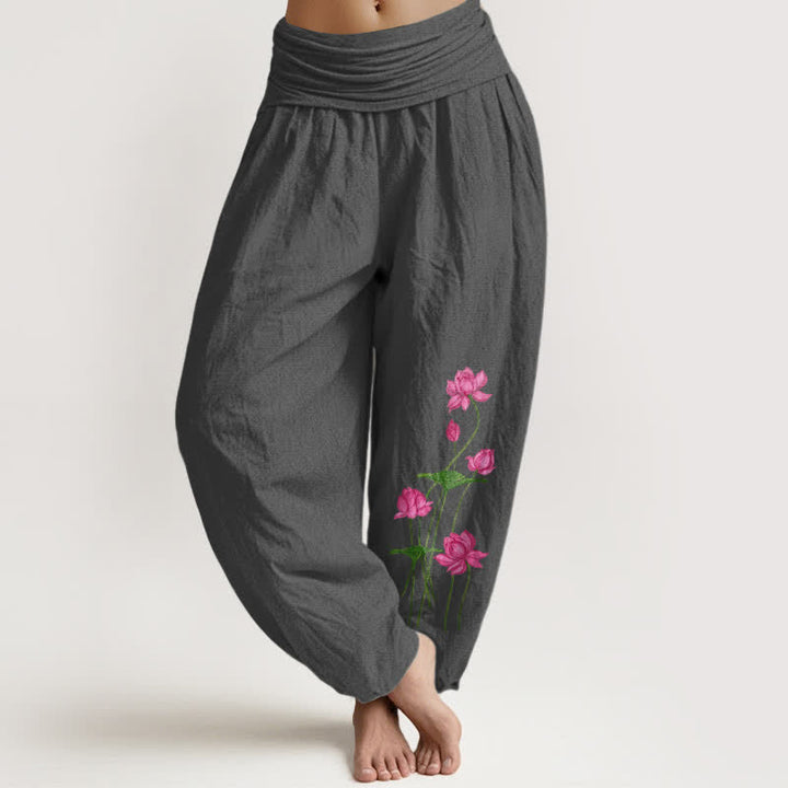Buddha Stones Damen-Haremshose aus reiner Baumwolle mit rosa Lotusblumenmuster und elastischem Bund - DimGray - US16, UK/AU20, EU48 (3XL) - image 8