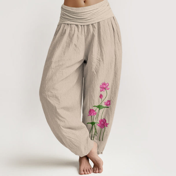 Buddha Stones Damen-Haremshose aus reiner Baumwolle mit rosa Lotusblumenmuster und elastischem Bund - Bräunen - US16, UK/AU20, EU48 (3XL) - image 11