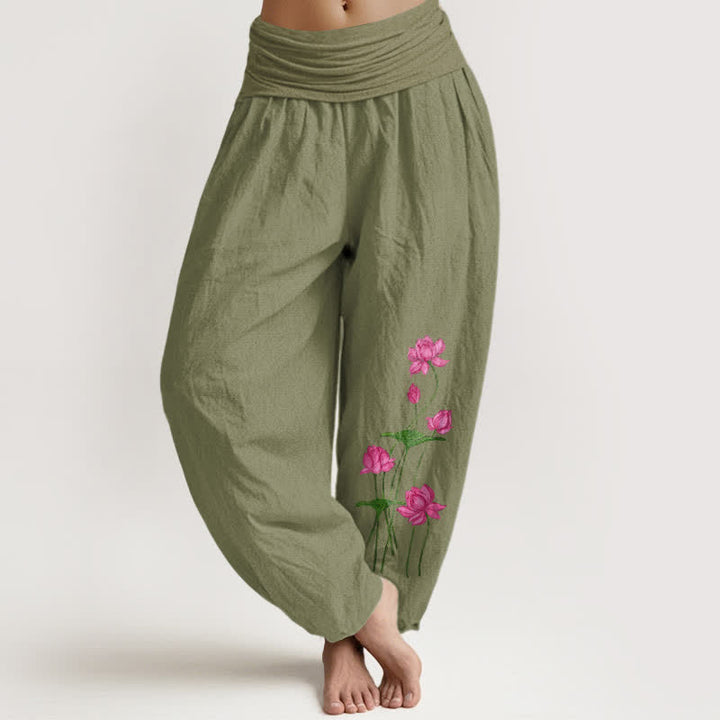 Buddha Stones Damen-Haremshose aus reiner Baumwolle mit rosa Lotusblumenmuster und elastischem Bund - Olivgrün - US16, UK/AU20, EU48 (3XL) - image 14