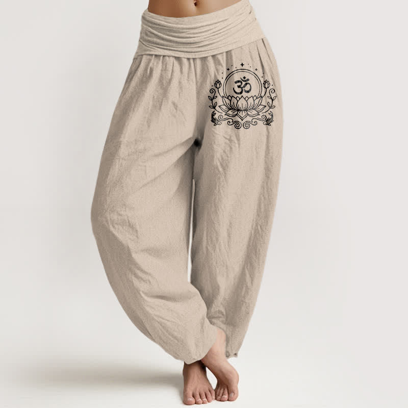 Buddha Stones Haremshose aus reiner Baumwolle mit heiligem Lotus-Om-Muster und elastischem Bund für Damen. - Bräunen - US16, UK/AU20, EU48 (3XL) - image 11