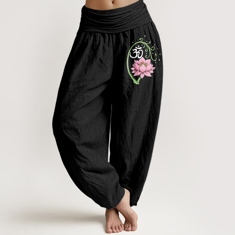 Buddha Stones Haremshose aus reiner Baumwolle mit Lotus-Ranken-Om-Muster und elastischem Bund für Damen. - Schwarz - US16, UK/AU20, EU48 (3XL) - image 0