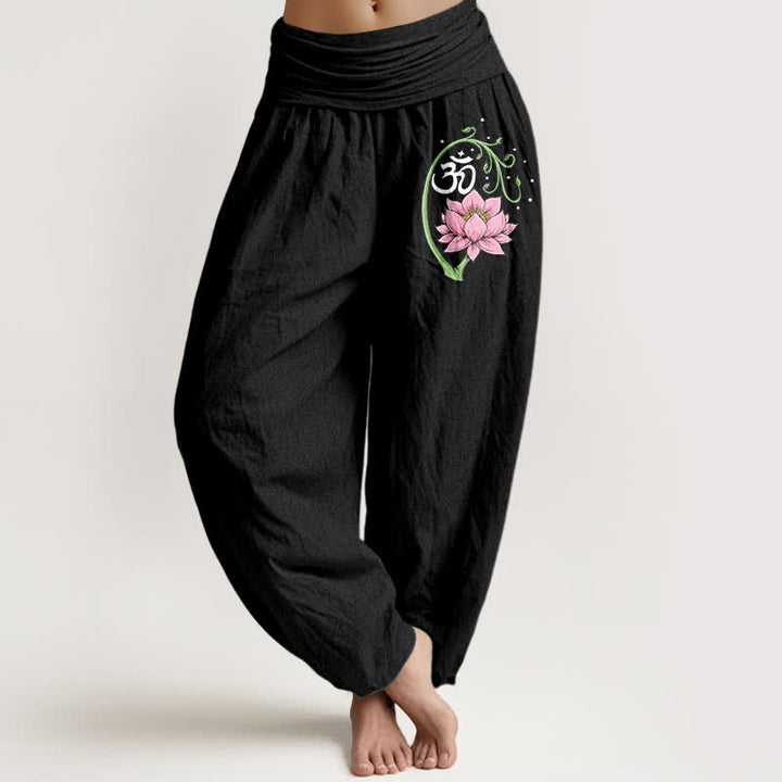 Buddha Stones Haremshose aus reiner Baumwolle mit Lotus-Ranken-Om-Muster und elastischem Bund für Damen. - Schwarz - US16, UK/AU20, EU48 (3XL) - image 0