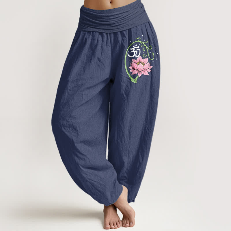 Buddha Stones Haremshose aus reiner Baumwolle mit Lotus-Ranken-Om-Muster und elastischem Bund für Damen. - Dunkelschieferblau - US16, UK/AU20, EU48 (3XL) - image 5