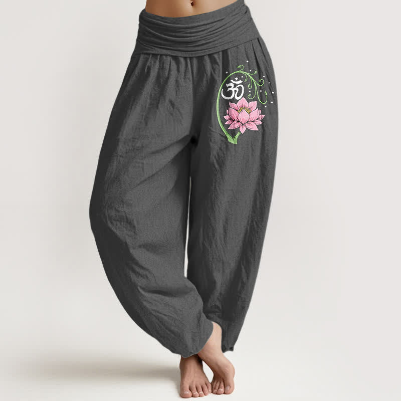 Buddha Stones Haremshose aus reiner Baumwolle mit Lotus-Ranken-Om-Muster und elastischem Bund für Damen. - DimGray - US16, UK/AU20, EU48 (3XL) - image 8