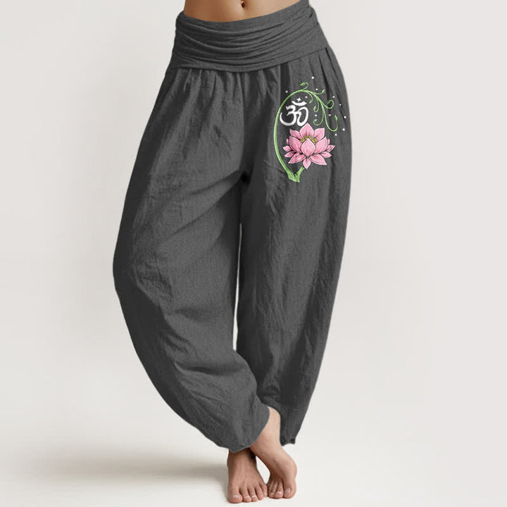 Buddha Stones Haremshose aus reiner Baumwolle mit Lotus-Ranken-Om-Muster und elastischem Bund für Damen. - DimGray - US16, UK/AU20, EU48 (3XL) - image 8