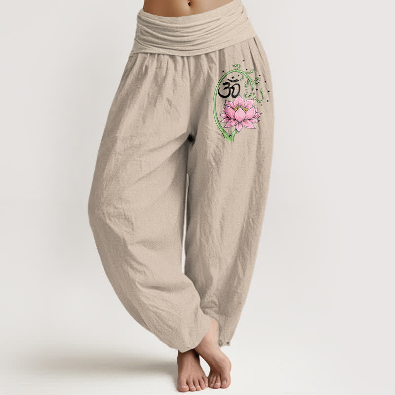 Buddha Stones Haremshose aus reiner Baumwolle mit Lotus-Ranken-Om-Muster und elastischem Bund für Damen. - Bräunen - US16, UK/AU20, EU48 (3XL) - image 11