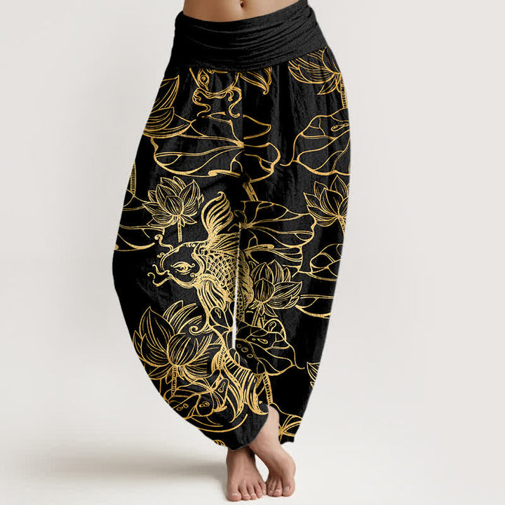 Buddha Stones Baumwoll-Haremshose mit Lotus-Teich- und Fischmuster, elastischer Bund, Damen - Schwarz - US16, UK/AU20, EU48 (3XL) - image 5