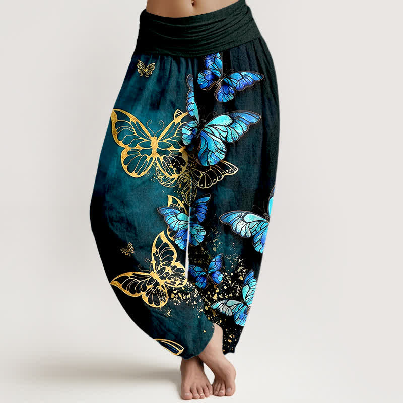 Buddha Stones Baumwoll-Haremshose mit kunstvollem Schmetterlingsmuster und elastischem Bund für Damen - Türkis - US16, UK/AU20, EU48 (3XL) - image 0