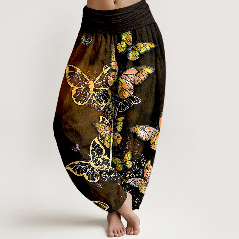Buddha Stones Baumwoll-Haremshose mit kunstvollem Schmetterlingsmuster und elastischem Bund für Damen - Dunkelgoldenrod - US16, UK/AU20, EU48 (3XL) - image 8