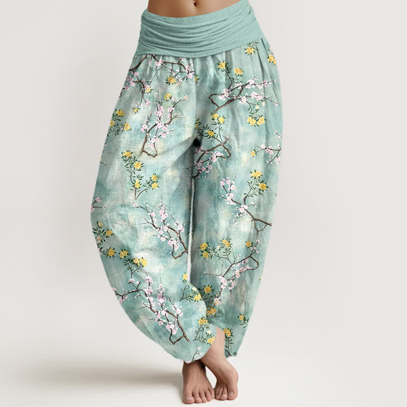 Buddha Stones Baumwoll-Haremshose mit botanischem Blumenmuster und elastischem Bund für Damen - Aquamarin - US16, UK/AU20, EU48 (3XL) - image 0