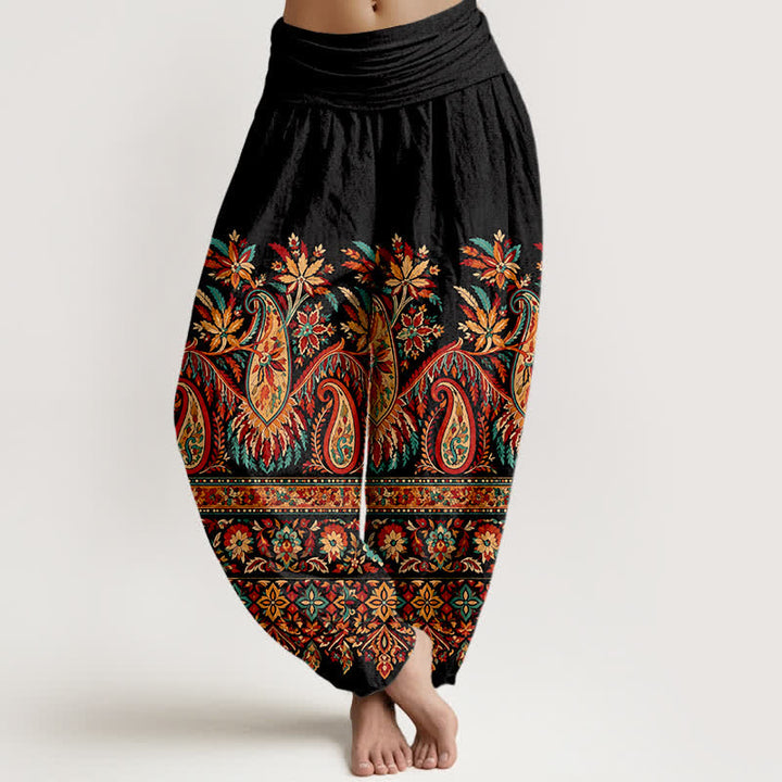 Buddha Stones Baumwoll-Haremshose mit ethnischem Paisley-Blütenmuster und elastischem Bund für Damen - Schwarz - US16, UK/AU20, EU48 (3XL) - image 0