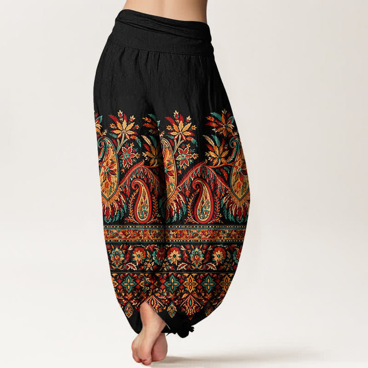 Buddha Stones Baumwoll-Haremshose mit ethnischem Paisley-Blütenmuster und elastischem Bund für Damen - image 2