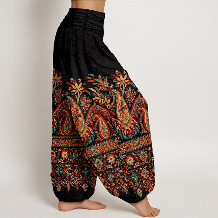Buddha Stones Baumwoll-Haremshose mit ethnischem Paisley-Blütenmuster und elastischem Bund für Damen - image 1