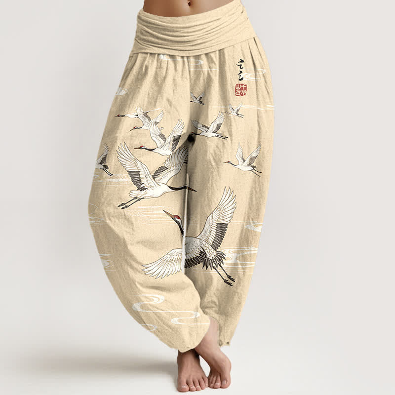 Buddha Stones Baumwoll-Haremshose mit orientalischem Kranich-Wellenmuster und elastischem Bund für Damen - Zitronen-Chiffon - US16, UK/AU20, EU48 (3XL) - image 5