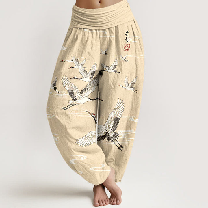 Buddha Stones Baumwoll-Haremshose mit orientalischem Kranich-Wellenmuster und elastischem Bund für Damen - Zitronen-Chiffon - US16, UK/AU20, EU48 (3XL) - image 5
